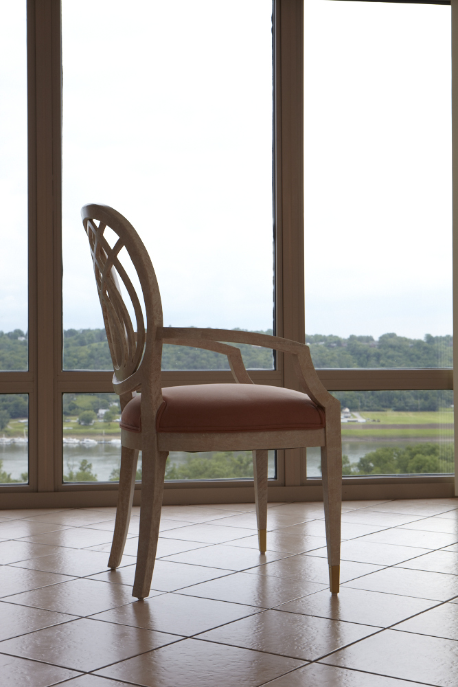 Modern Henredon Dining Table and Chairs, Whitewashed Oak, Brass and Glass