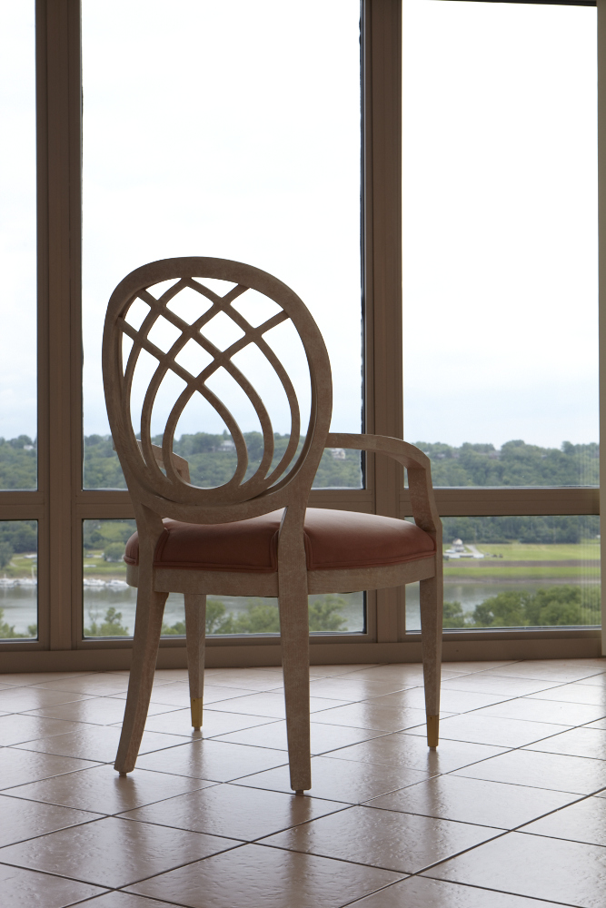 Modern Henredon Dining Table and Chairs, Whitewashed Oak, Brass and Glass