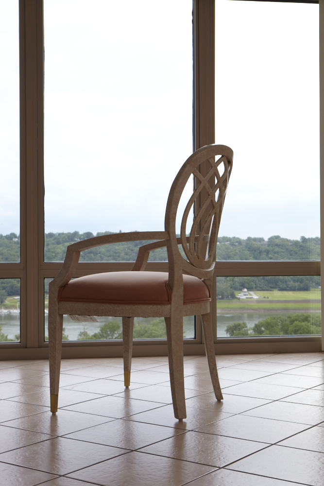 Modern Henredon Dining Table and Chairs, Whitewashed Oak, Brass and Glass
