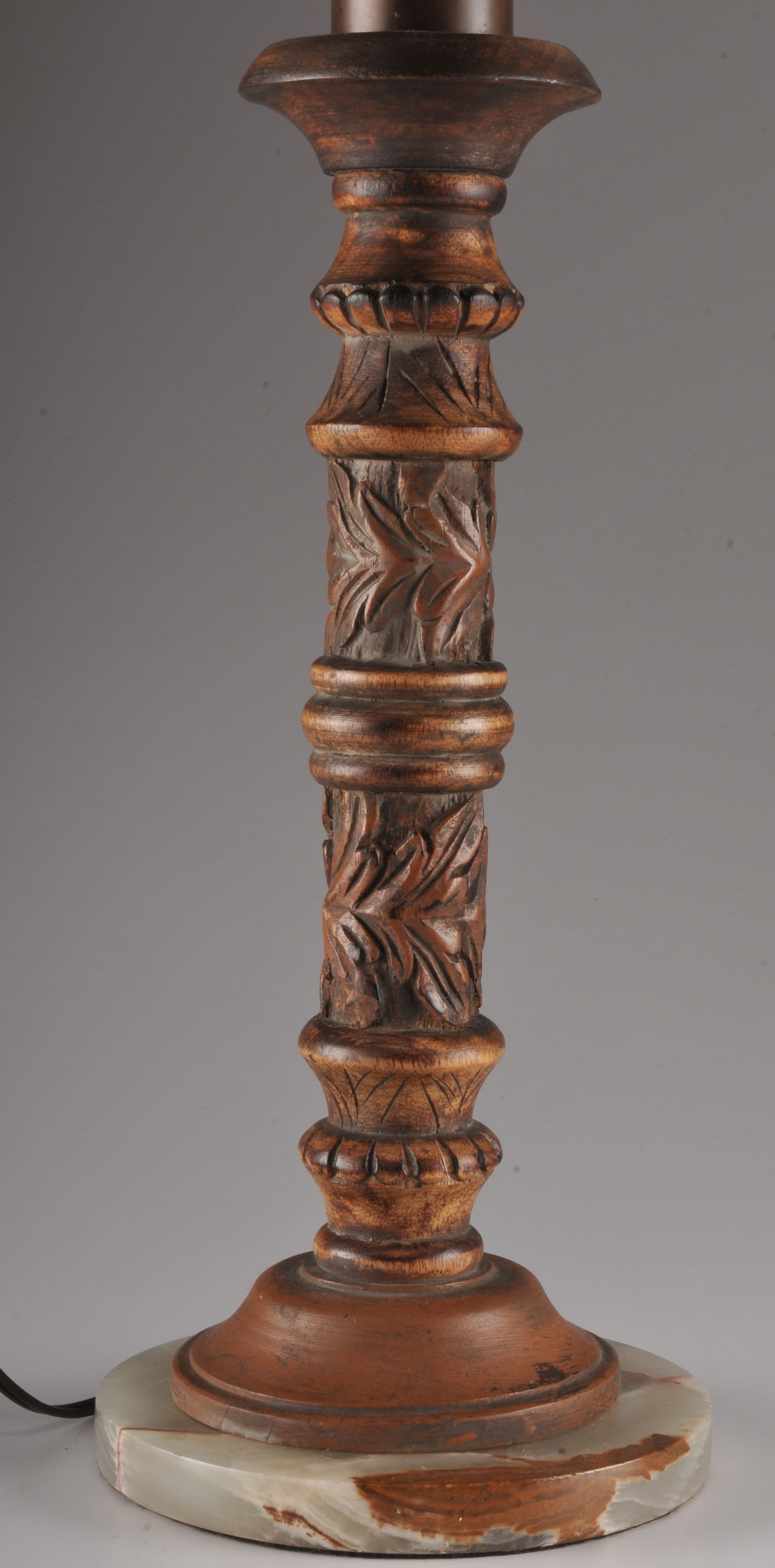 Table Lamp with Carved Wood Shaft.