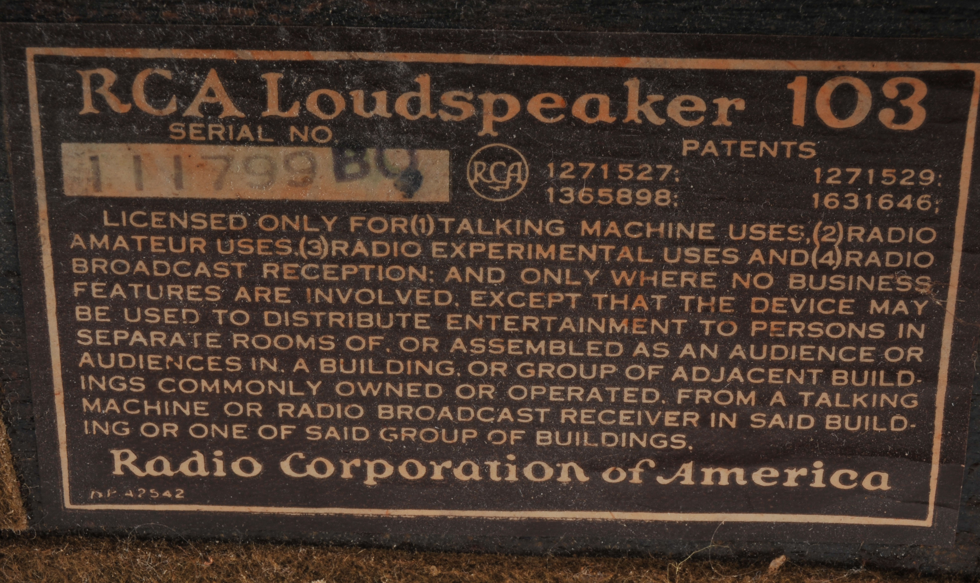 C. 1920 RCA Radiola Model 103 Tapestry Speaker