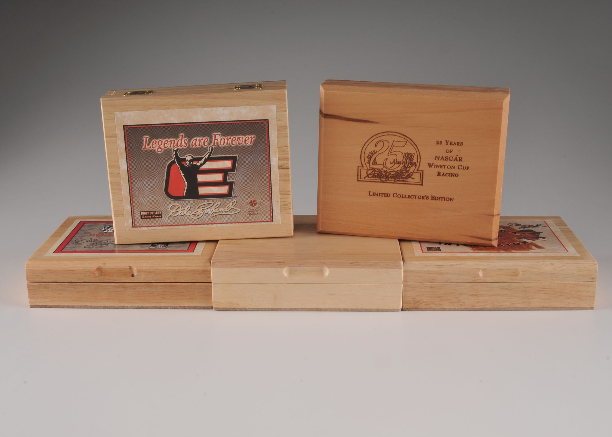 Five Nascar Pocket Knives in Wood Presentation Boxes