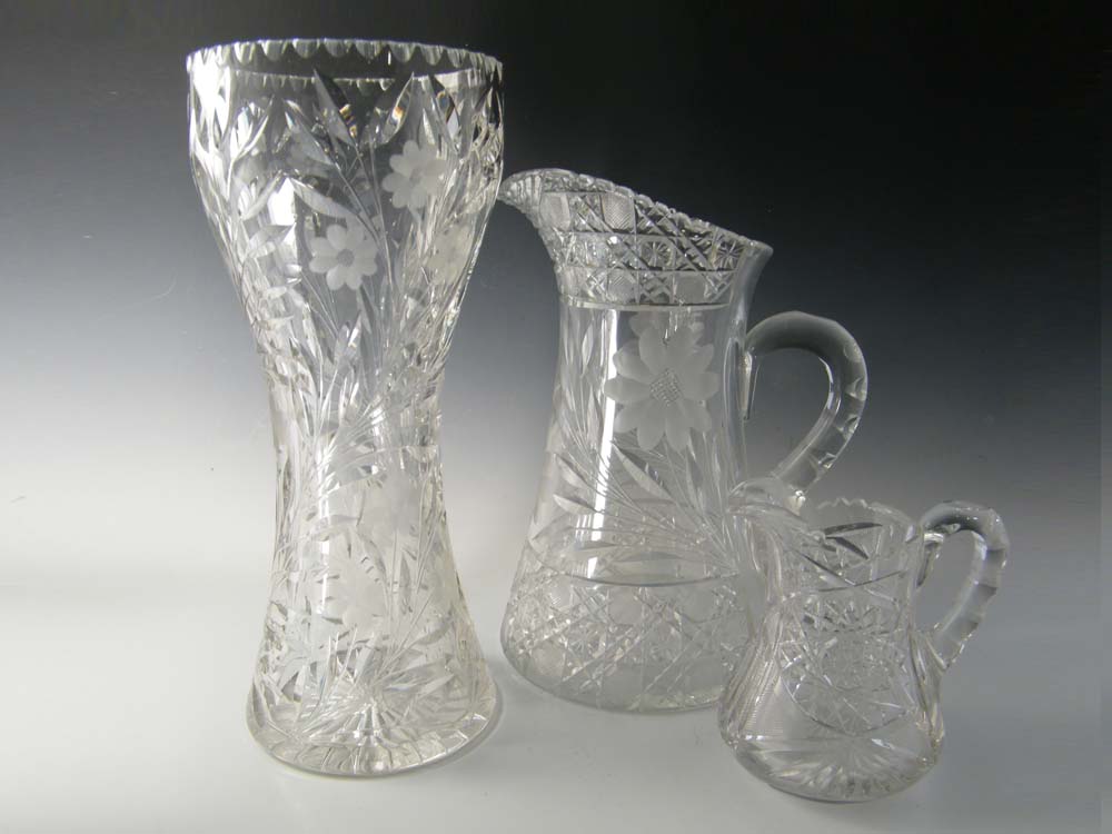 Vintage Etched Glass Pitchers and Vase