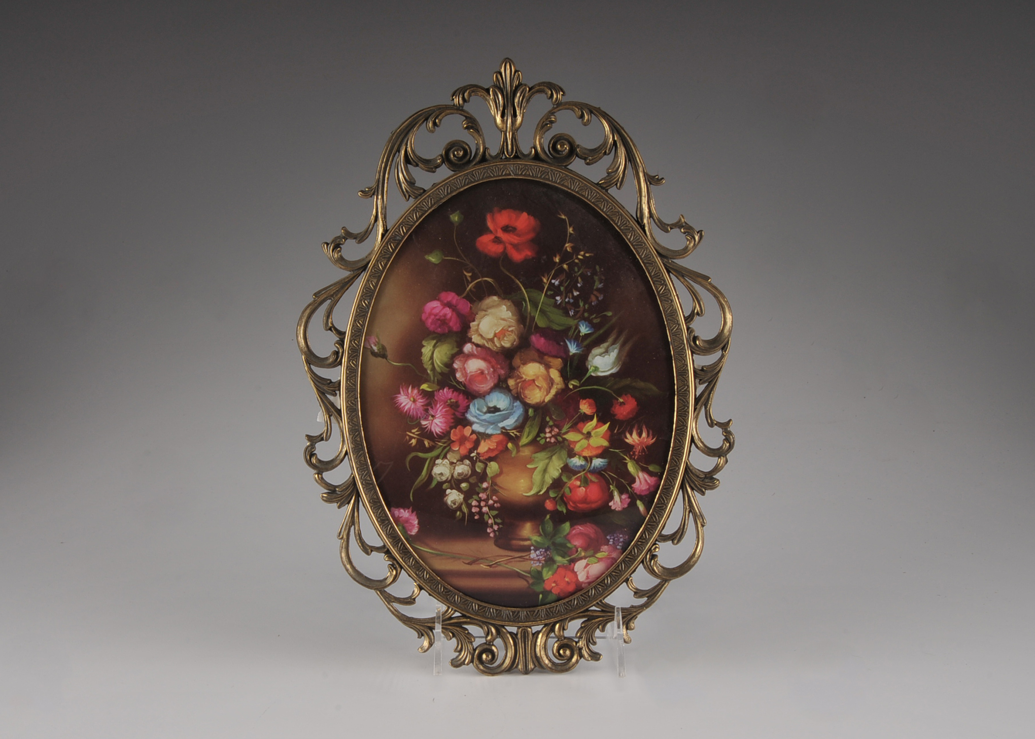 Italian Oval Metal Frame with Mounted Glass Floral Bouquet