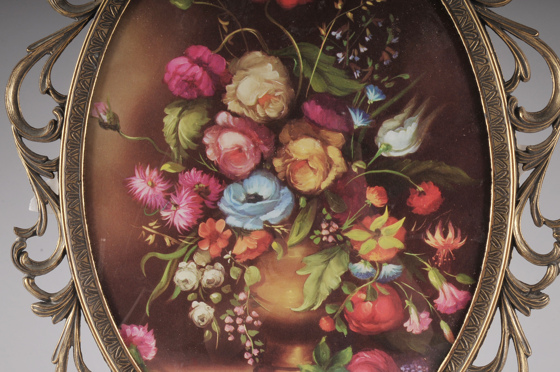 Italian Oval Metal Frame with Mounted Glass Floral Bouquet