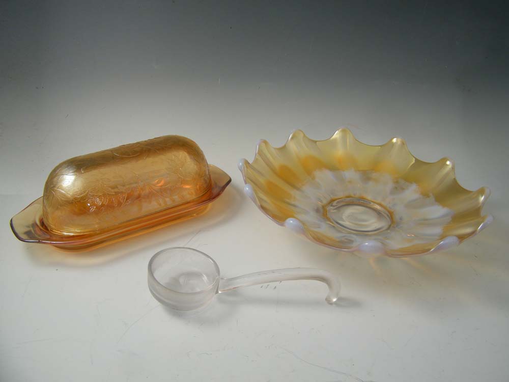 Carnival Glass Butter Dish, Opalescent Bowl and Glass Ladle