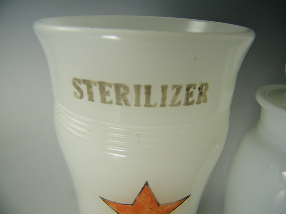 Antique White Glass Sterilizer Glass and Lidded Bottle
