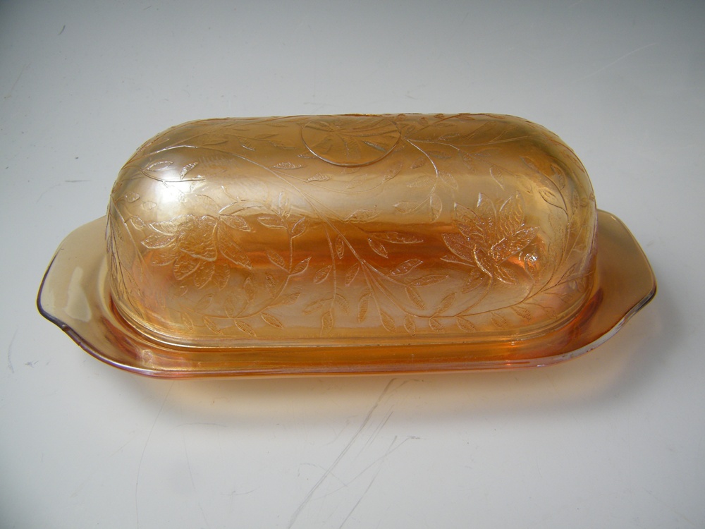 Carnival Glass Butter Dish, Opalescent Bowl and Glass Ladle