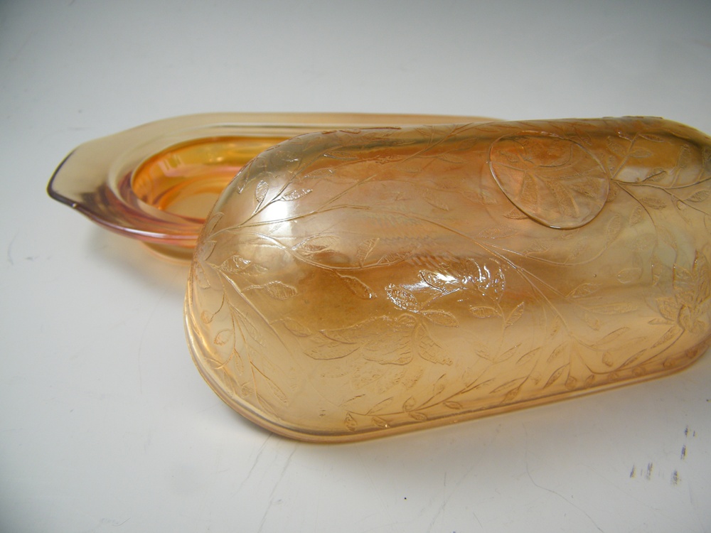 Carnival Glass Butter Dish, Opalescent Bowl and Glass Ladle