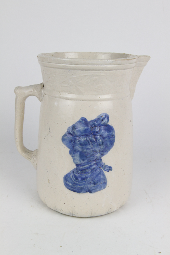 Large Antique 19th Century Blue & White Stoneware Pitcher 