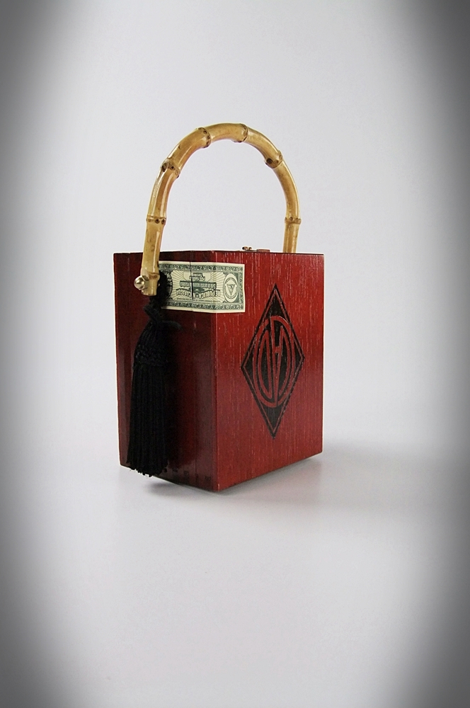 Handmade wooden cigar box purse with bamboo handle 