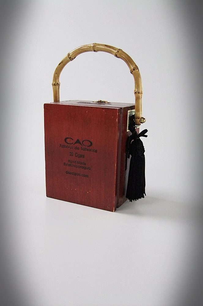 Handmade wooden cigar box purse with bamboo handle 
