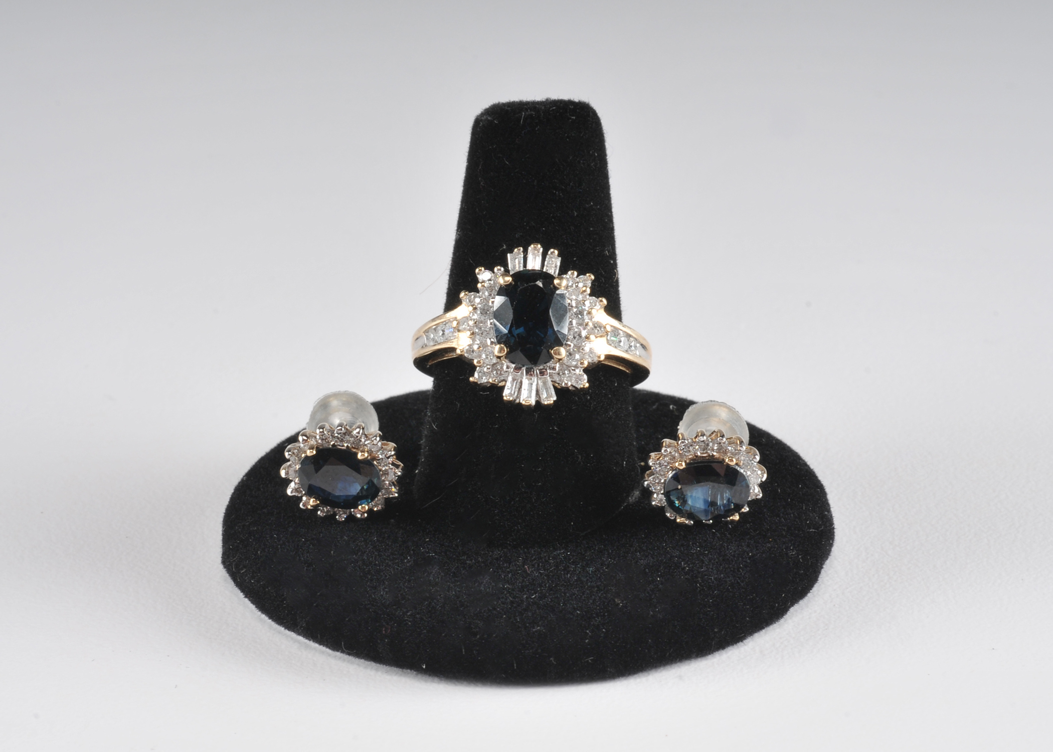 Ladies 14 K Sapphire and diamond two tone ring with matching earrings