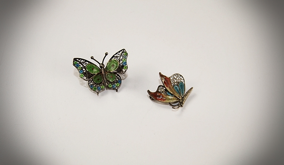Two beautiful European silver filigree and enameled butterfly pins 