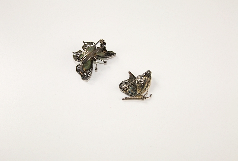Two beautiful European silver filigree and enameled butterfly pins 
