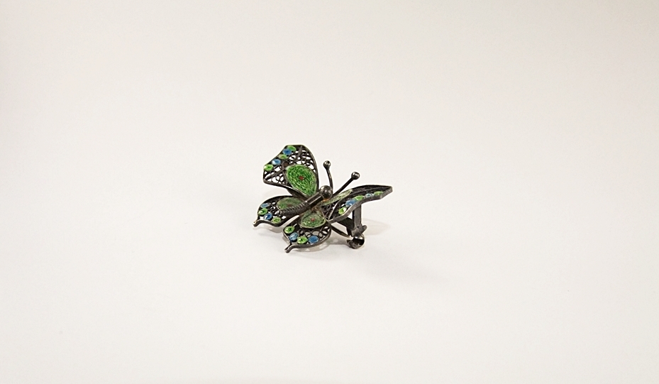 Two beautiful European silver filigree and enameled butterfly pins 