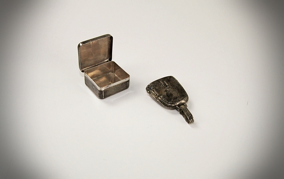 Sterling Birth Record rattle and pillbox