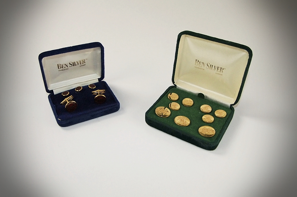 Two sets of Ben Silver cuff links and dress shirt buttons 