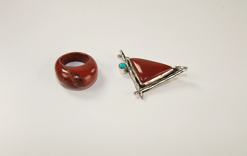 Sterling silver and red jasper pendant with turquoise and red jasper ring