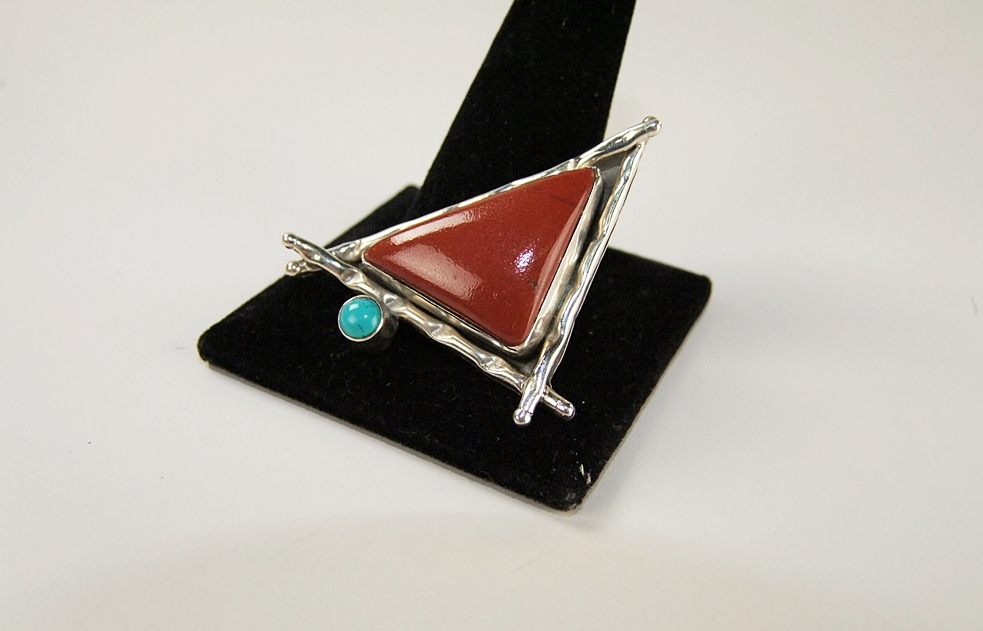 Sterling silver and red jasper pendant with turquoise and red jasper ring