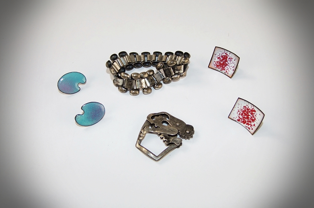 Modernist handmade bottle opener and Mid Century Mod jewelry 