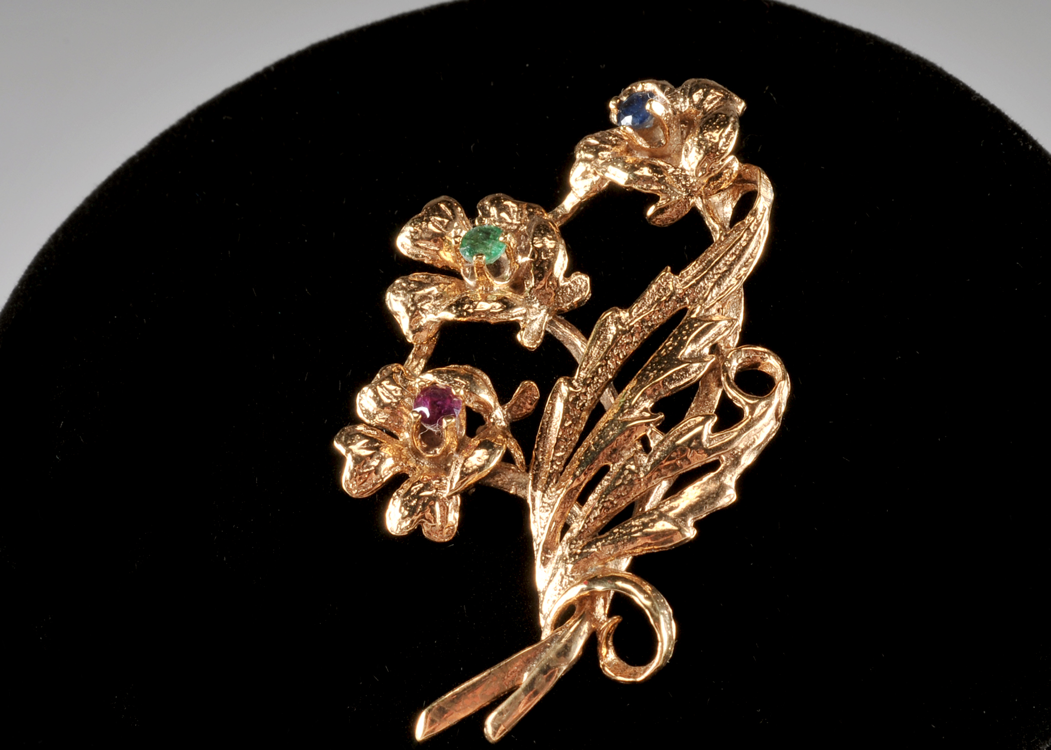 Yellow gold filled floral brooch with genuine ruby, emerald and sapphire stones 