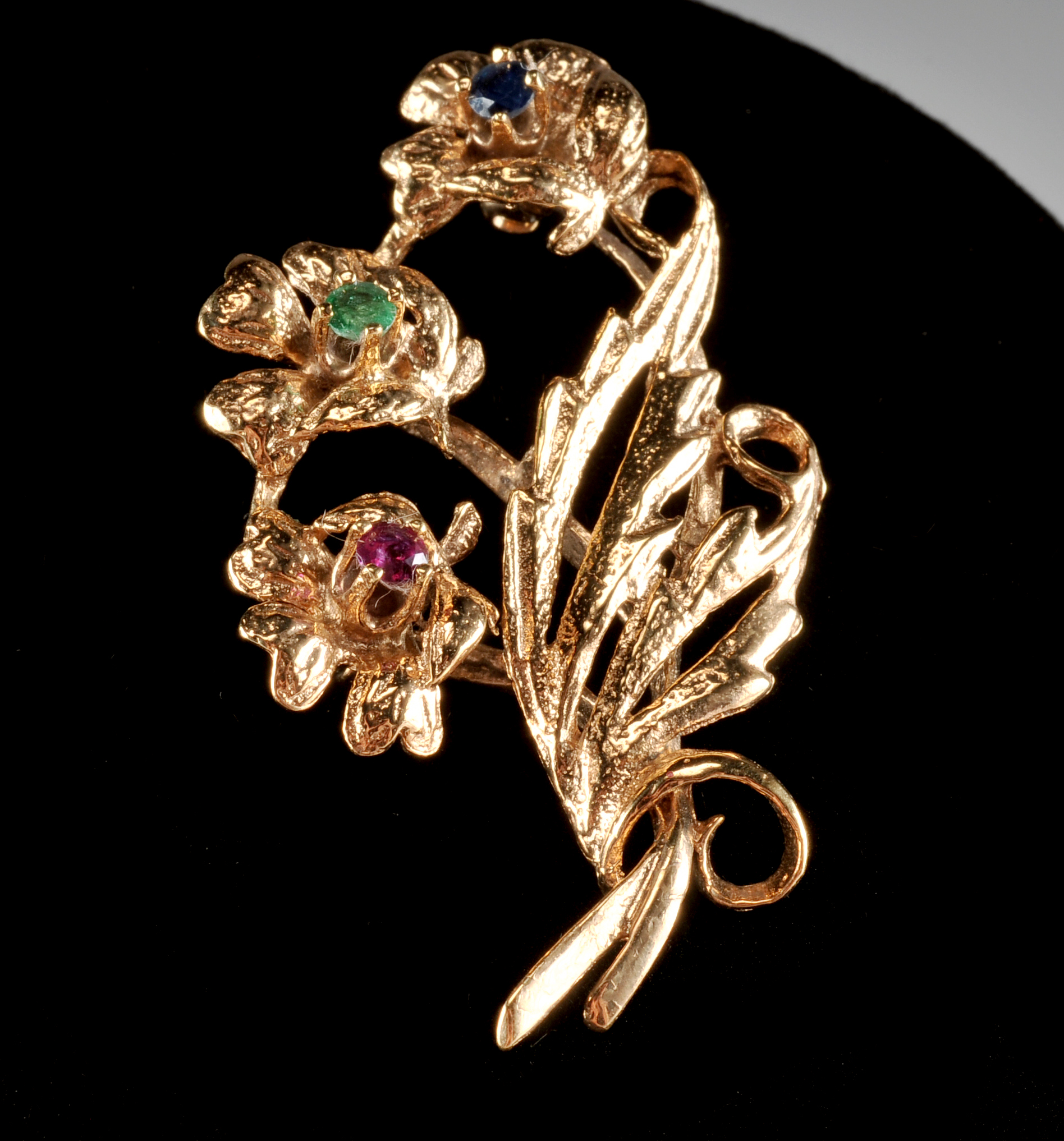 Yellow gold filled floral brooch with genuine ruby, emerald and sapphire stones 