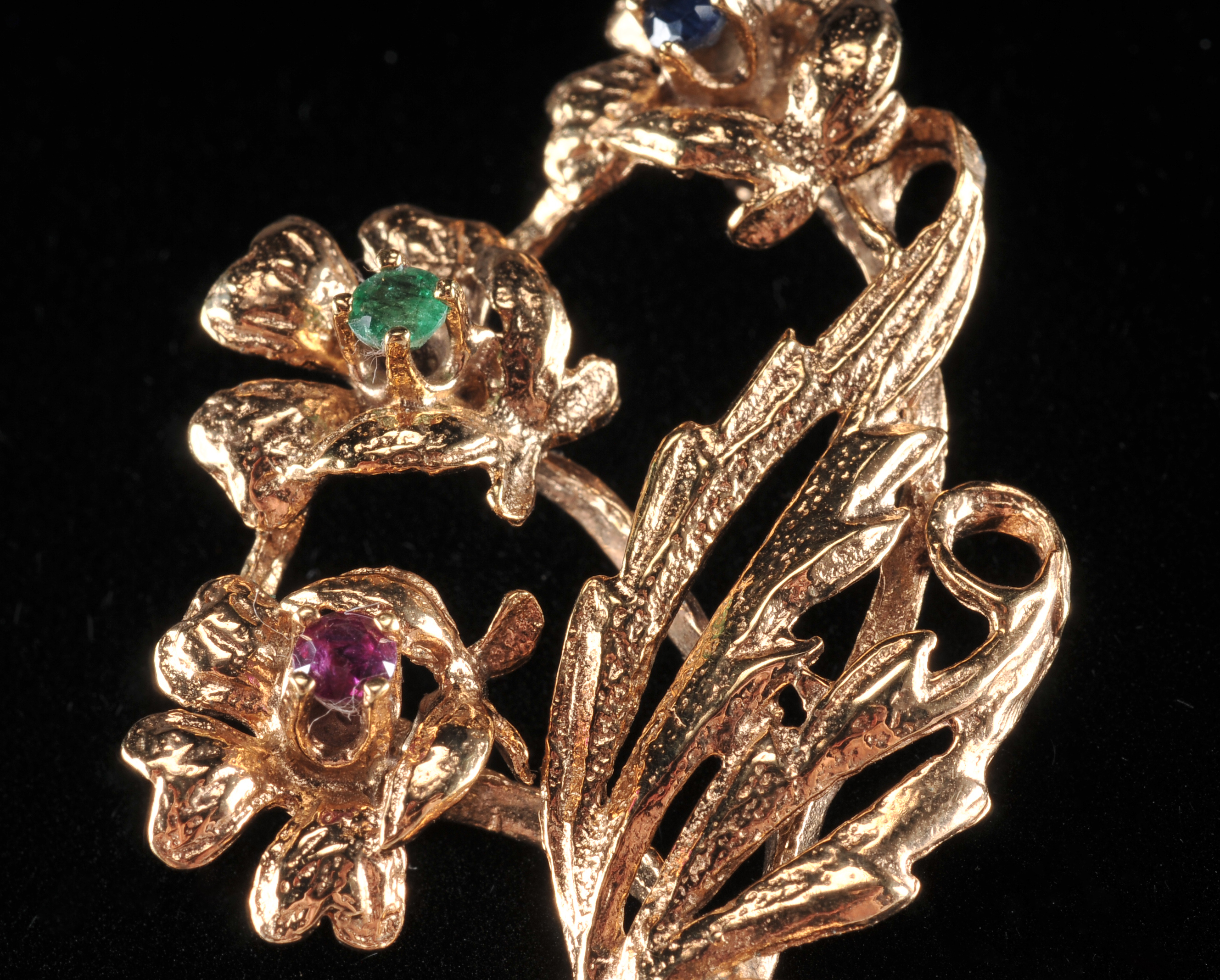 Yellow gold filled floral brooch with genuine ruby, emerald and sapphire stones 