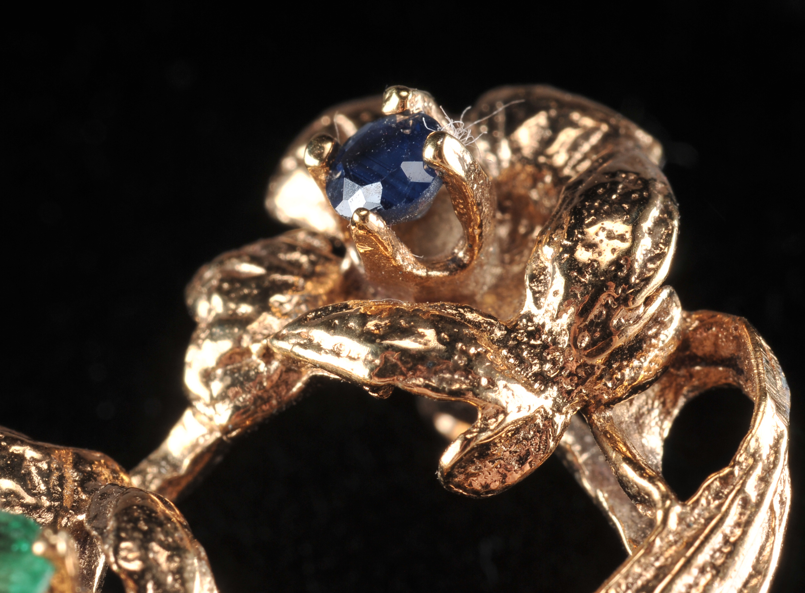 Yellow gold filled floral brooch with genuine ruby, emerald and sapphire stones 