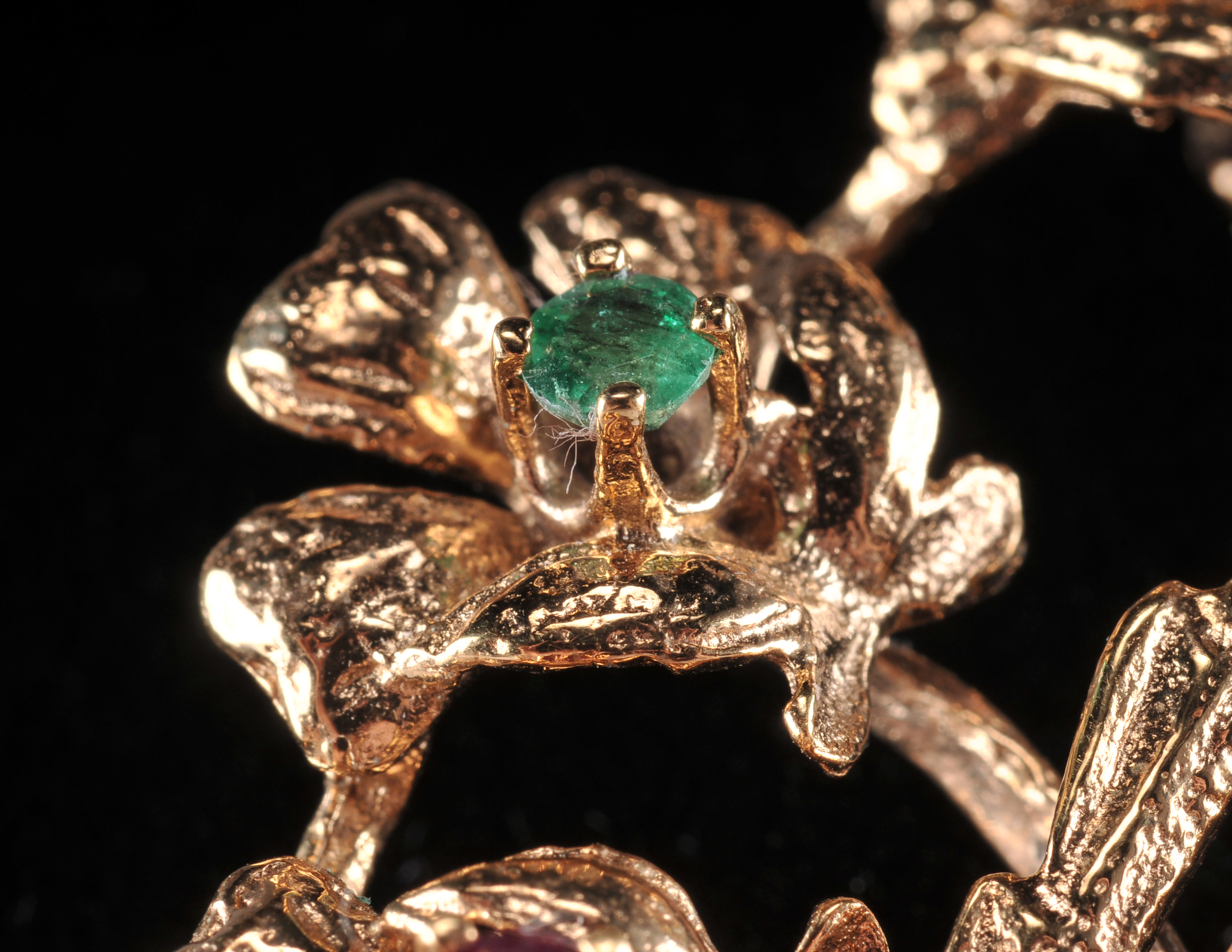 Yellow gold filled floral brooch with genuine ruby, emerald and sapphire stones 