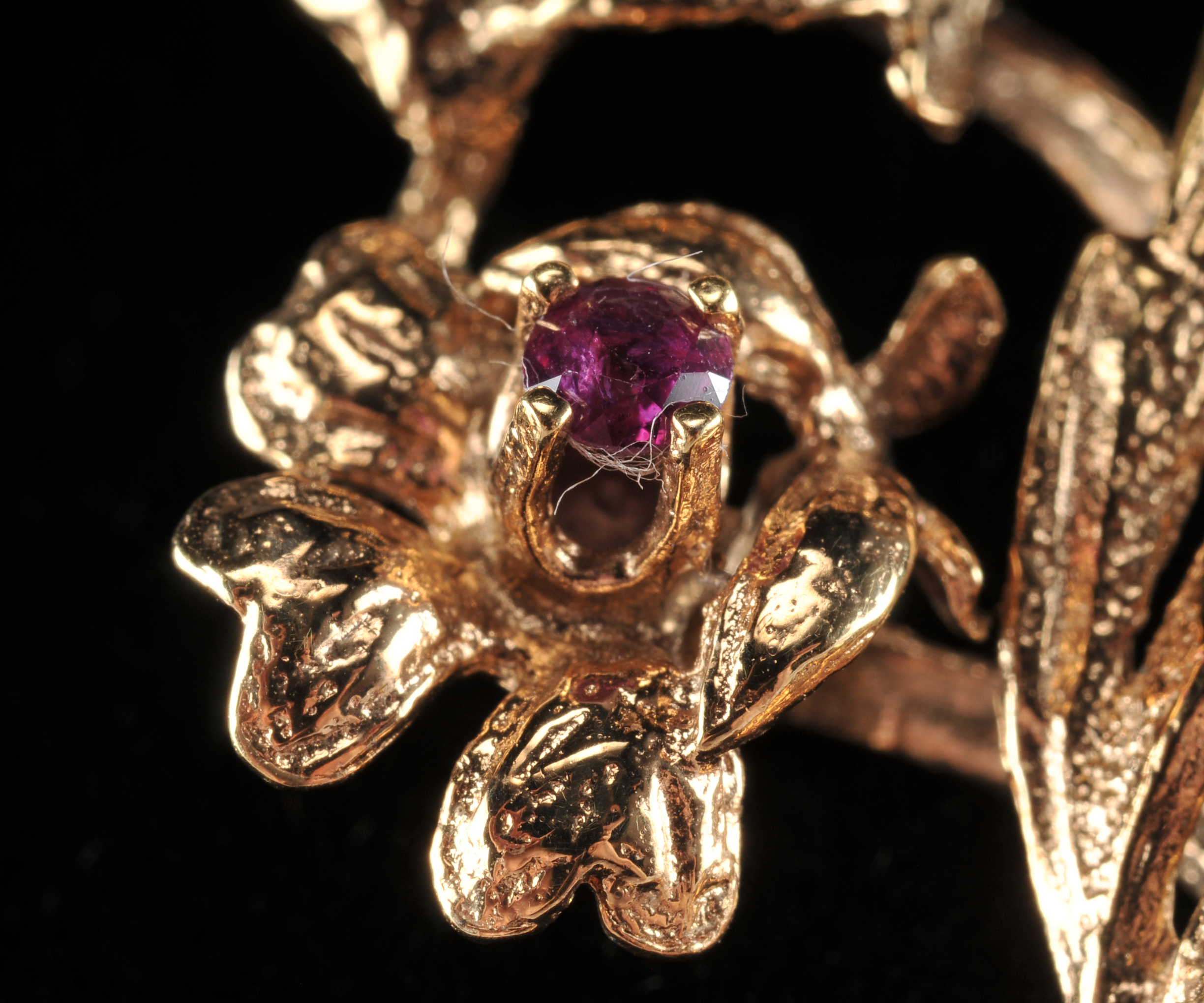 Yellow gold filled floral brooch with genuine ruby, emerald and sapphire stones 