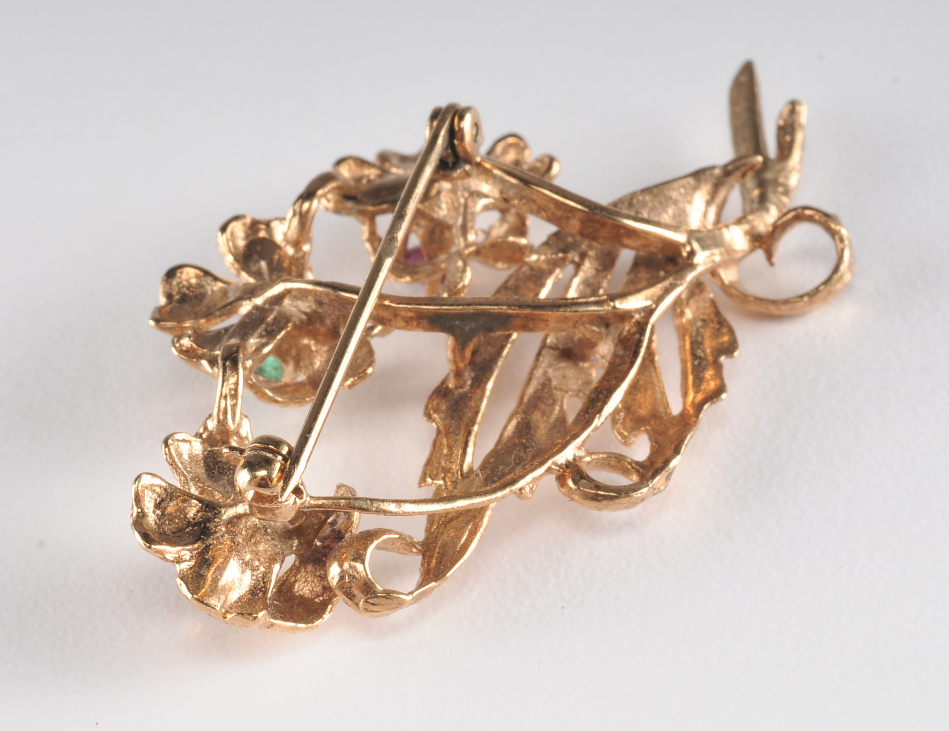 Yellow gold filled floral brooch with genuine ruby, emerald and sapphire stones 