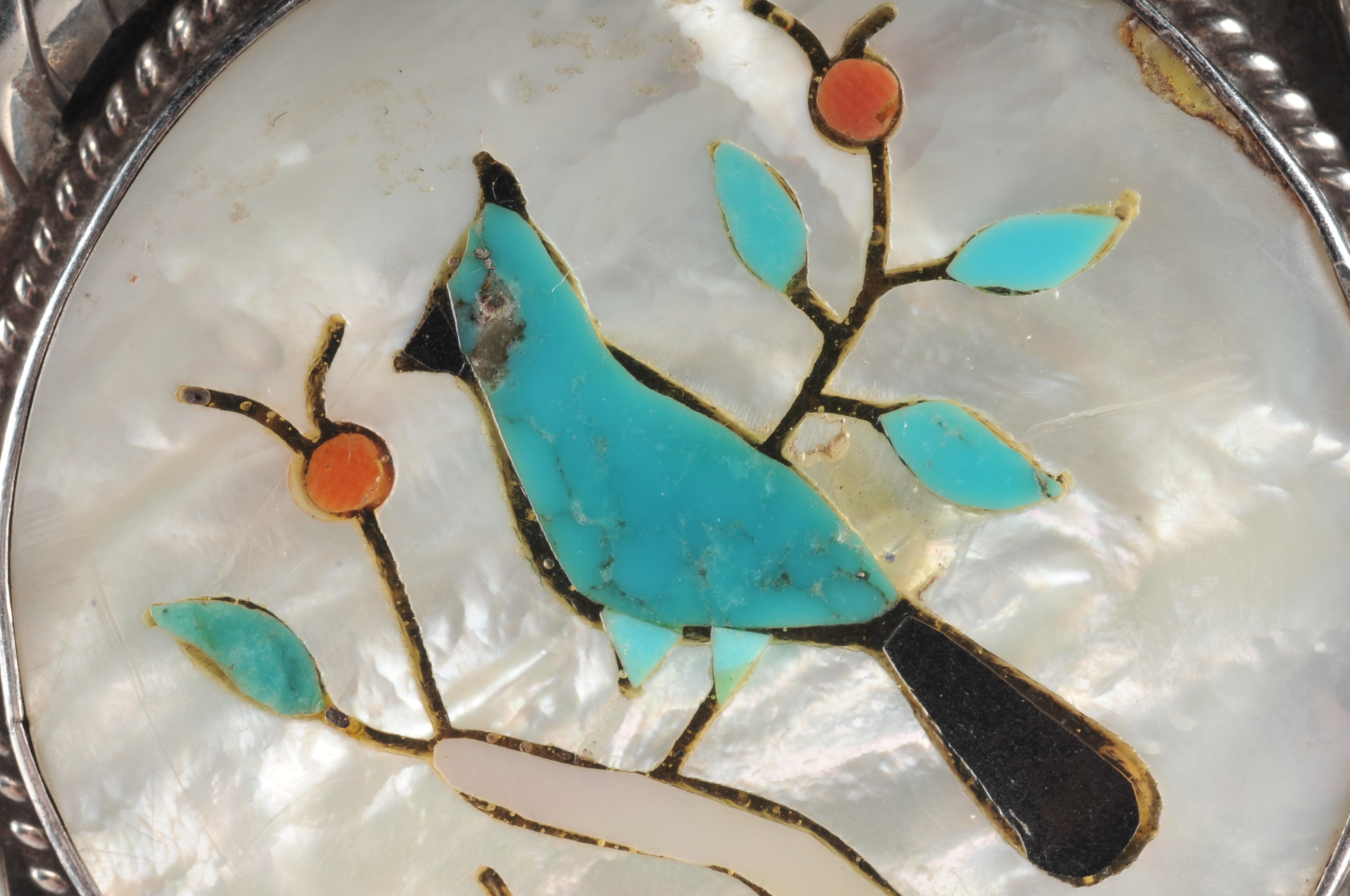 Native American Navajo silver cuff bracelet with inlaid Mother of Pearl