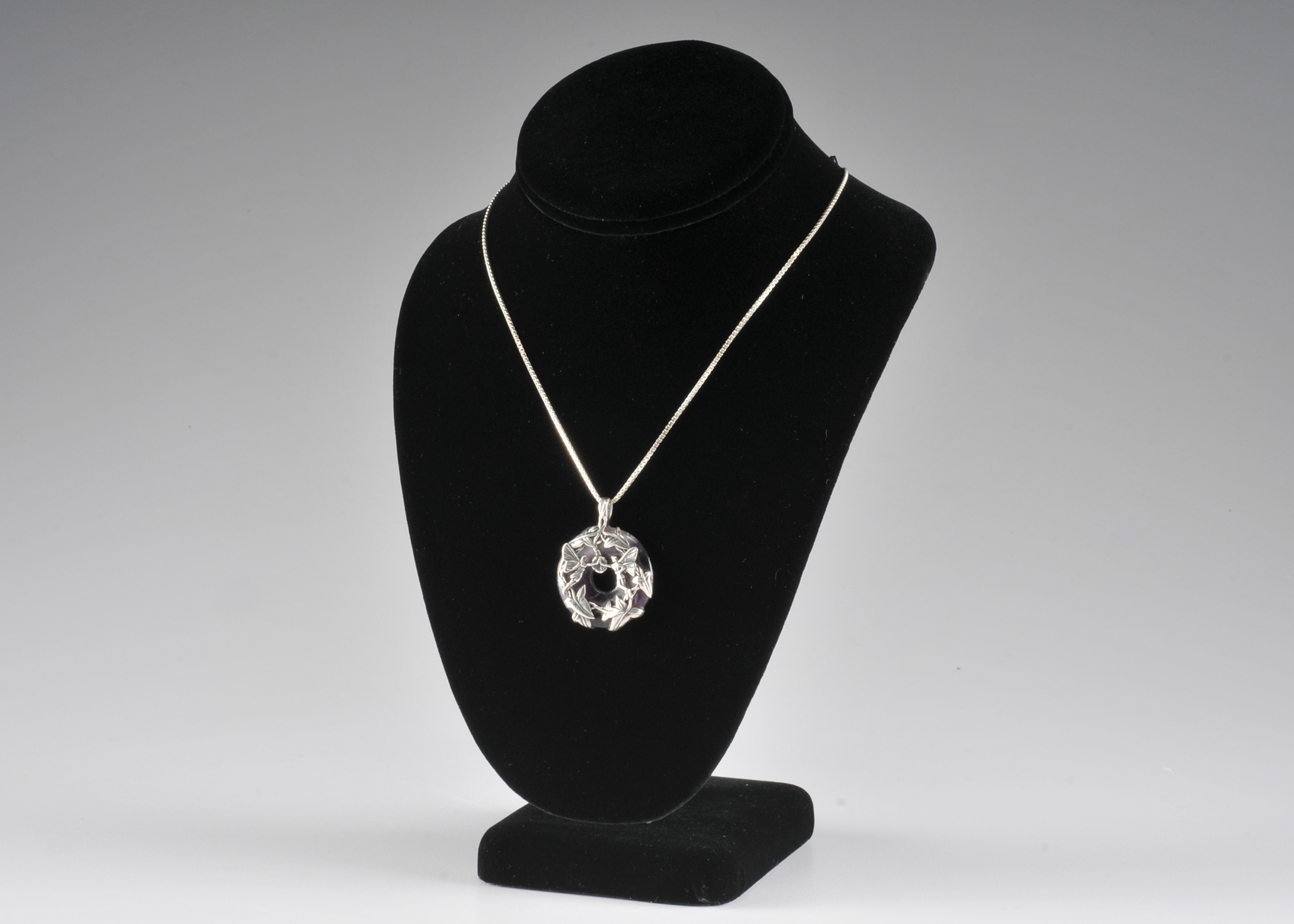 Beautiful Art Nouveau amethyst pendant with winged Fairies and 24" sterling silver chain