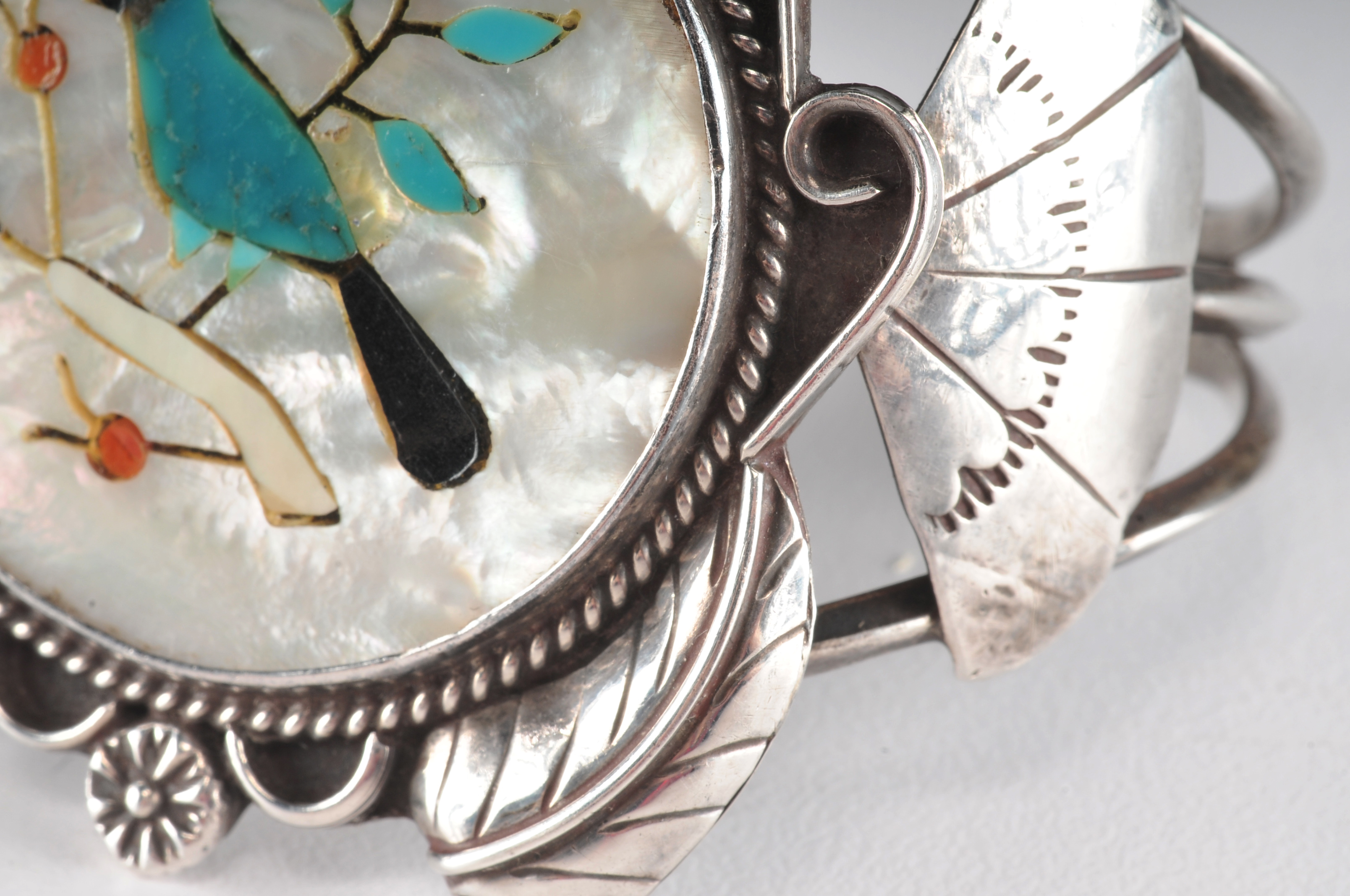 Native American Navajo silver cuff bracelet with inlaid Mother of Pearl