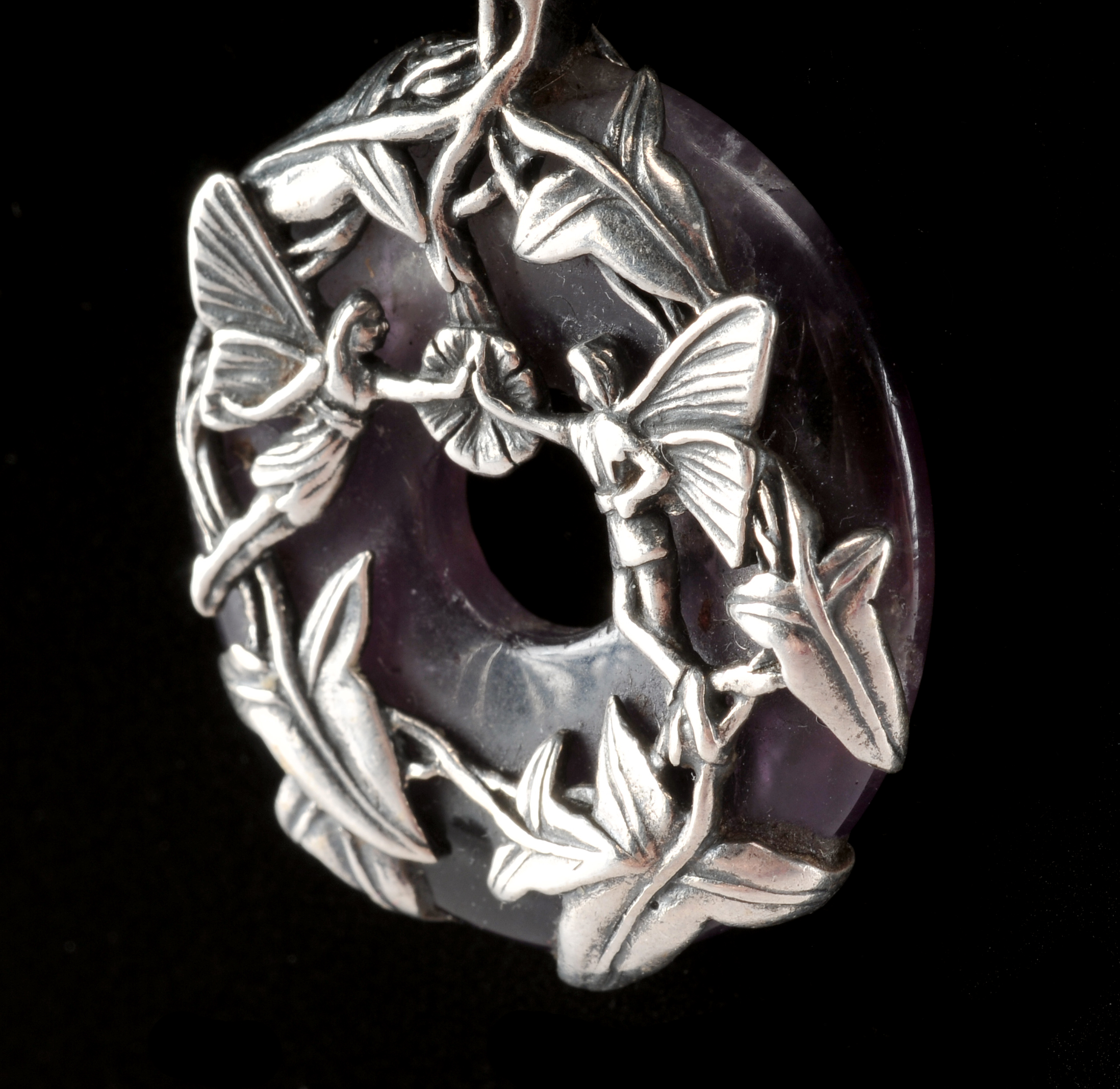 Beautiful Art Nouveau amethyst pendant with winged Fairies and 24" sterling silver chain