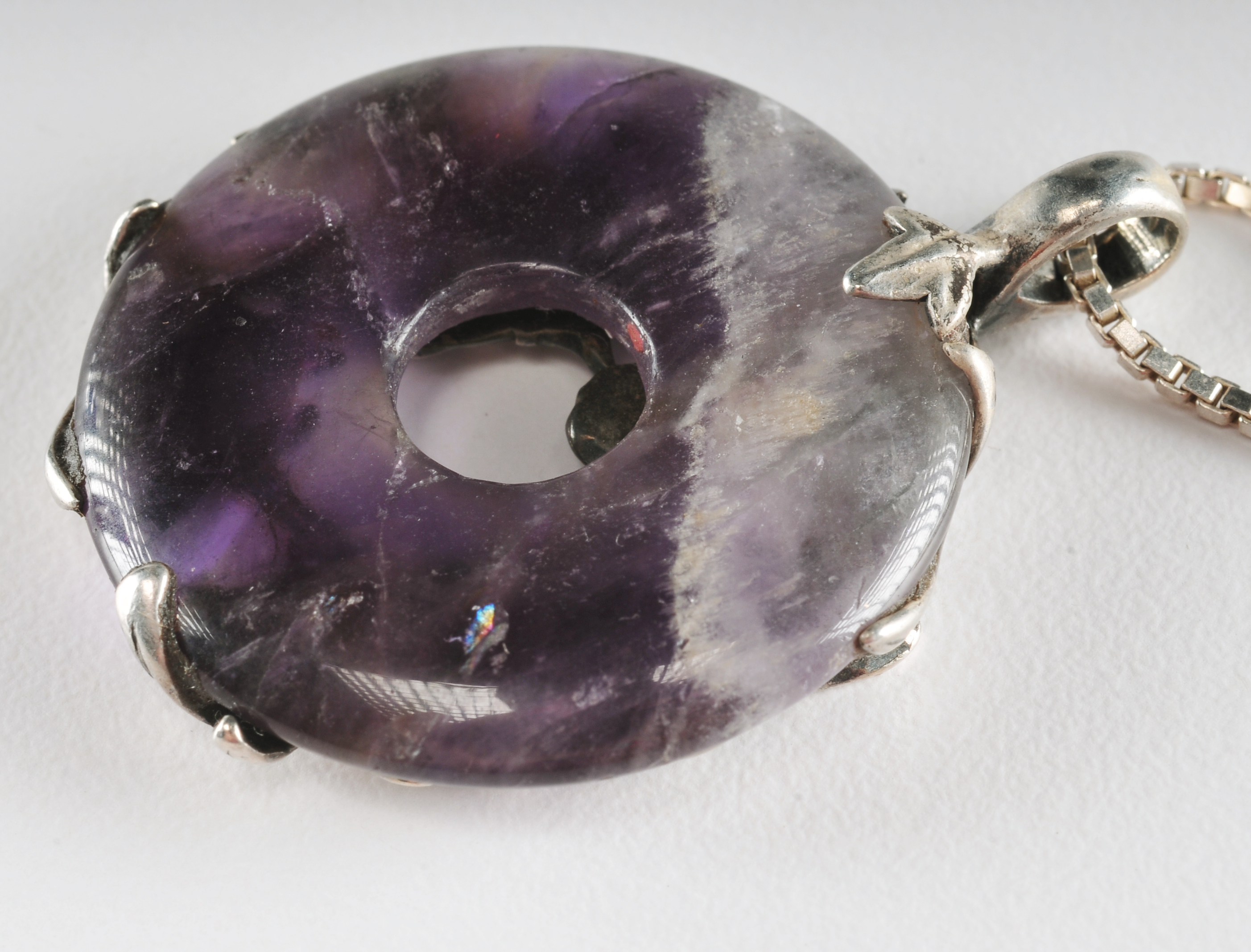 Beautiful Art Nouveau amethyst pendant with winged Fairies and 24" sterling silver chain