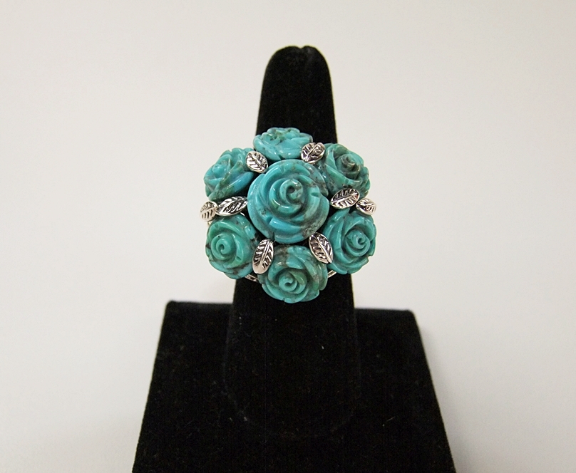 Sterling silver and carved turquoise floral Rose ring 