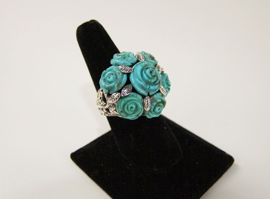 Sterling silver and carved turquoise floral Rose ring 