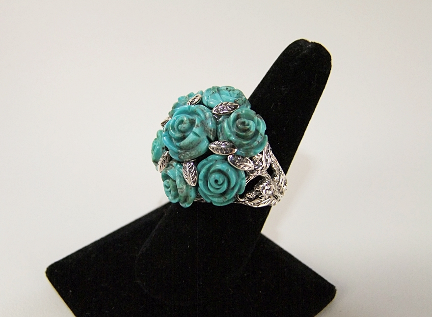 Sterling silver and carved turquoise floral Rose ring 