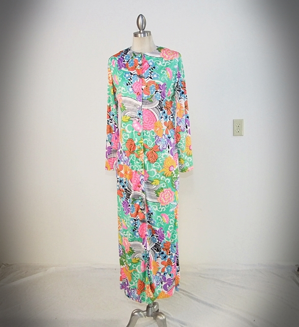 Vintage vibrant soft polyester print dress with bold floral design