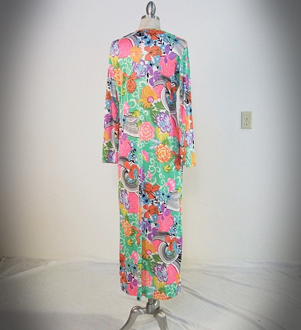 Vintage vibrant soft polyester print dress with bold floral design