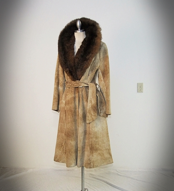  70's vintage rugged suede coat trimmed with genuine beaver fur 