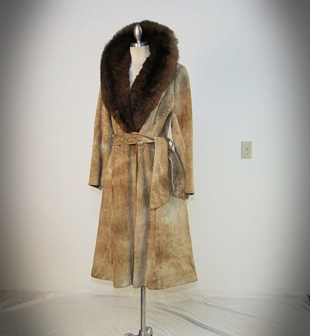  70's vintage rugged suede coat trimmed with genuine beaver fur 