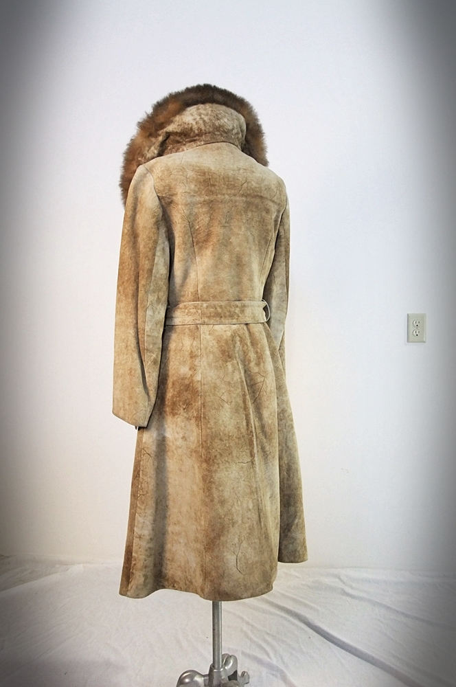  70's vintage rugged suede coat trimmed with genuine beaver fur 