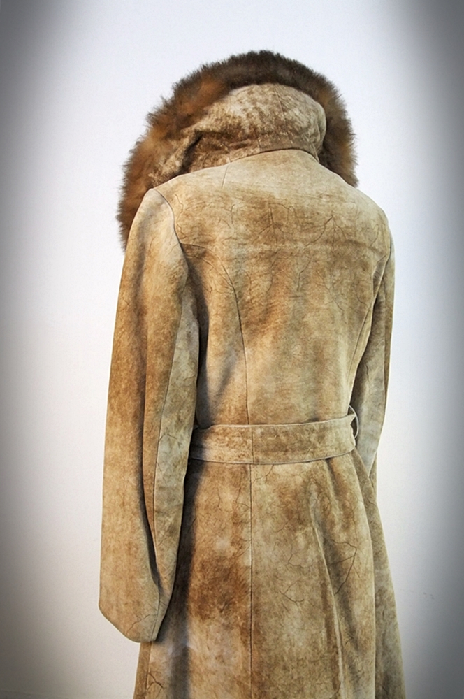  70's vintage rugged suede coat trimmed with genuine beaver fur 