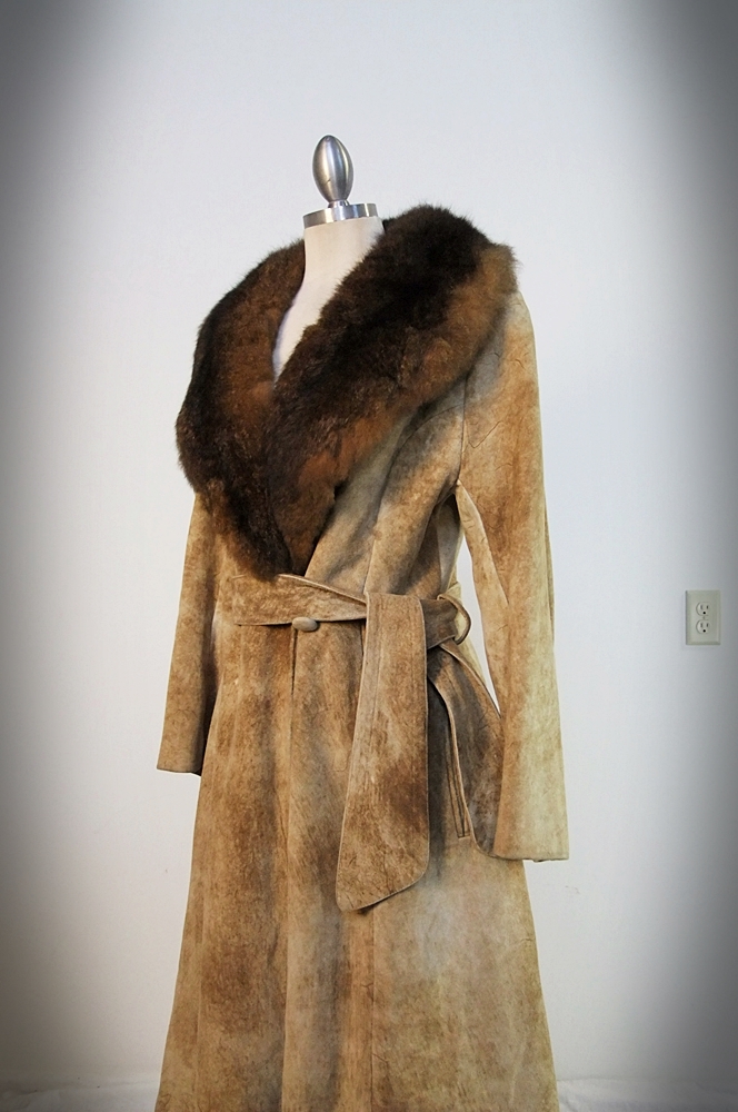  70's vintage rugged suede coat trimmed with genuine beaver fur 