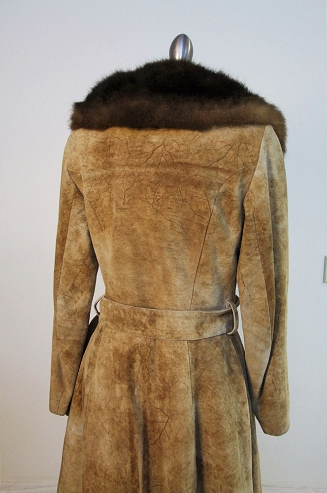  70's vintage rugged suede coat trimmed with genuine beaver fur 