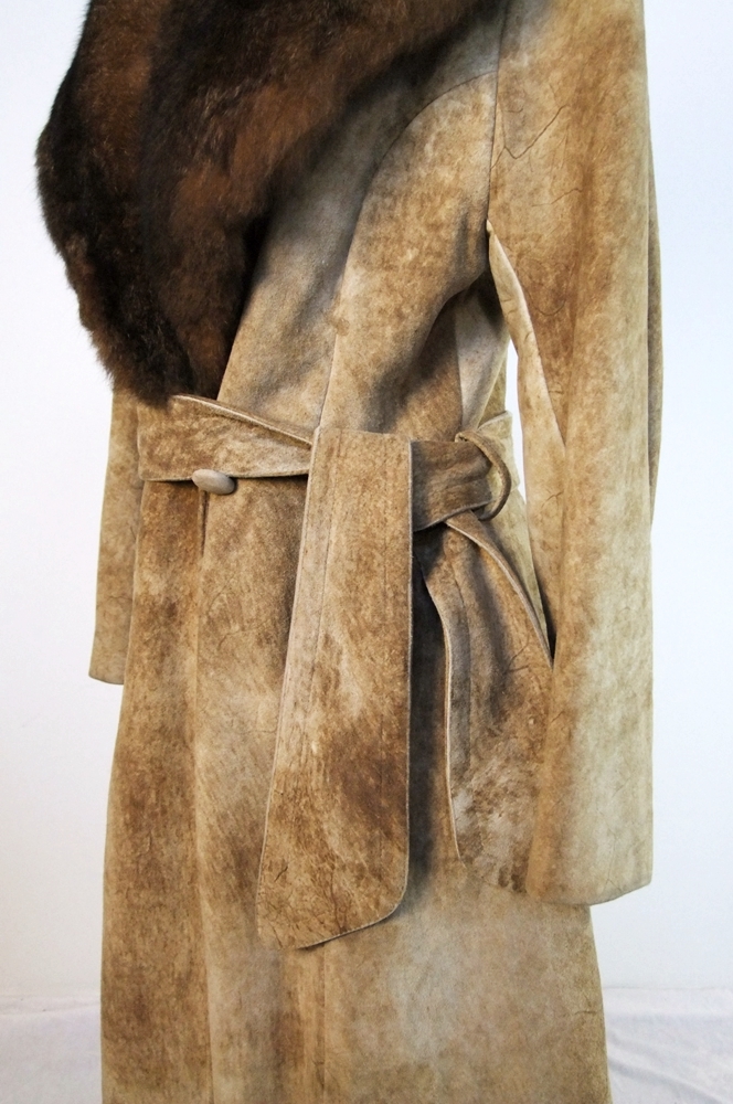  70's vintage rugged suede coat trimmed with genuine beaver fur 