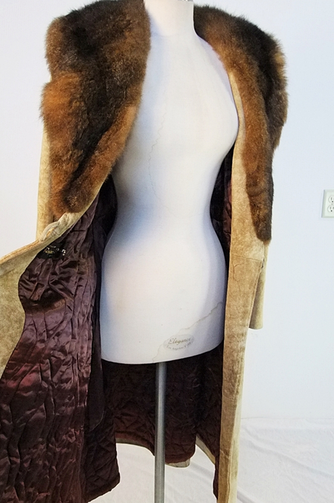  70's vintage rugged suede coat trimmed with genuine beaver fur 